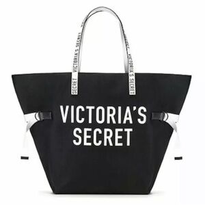 NWT New Victoria's Secret Black Structured Canvas Weekender Tote Bag White Logo